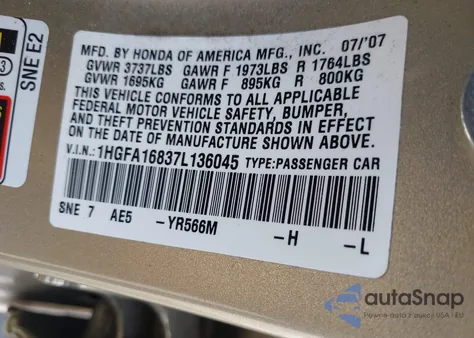 2007 Honda Civic Ex from USA, damaged, VIN 1HGFA16837L136045